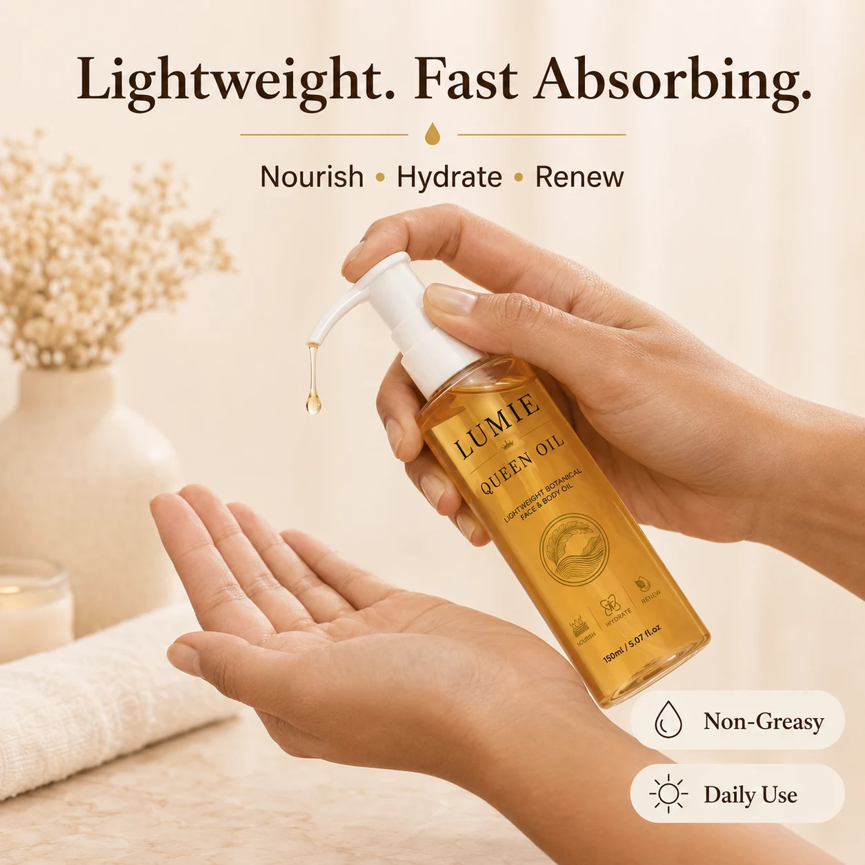 LUMIE Queen Oil dispensing into a palm